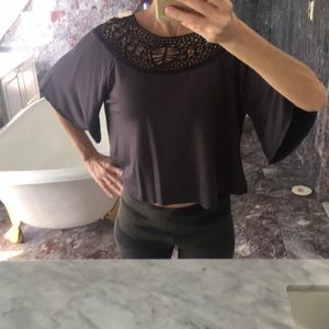 Liberty Garden crochet lace neck trim shirt